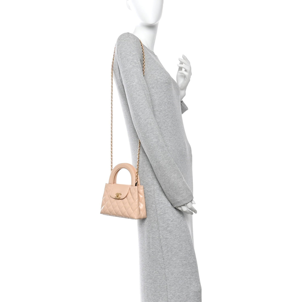 Chanel Shiny Aged Calfskin Quilted Nano Kelly Shopper Beige