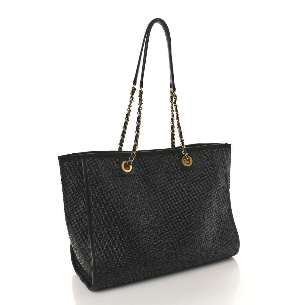 Chanel Straw Raffia Calfskin Chain Small Deauville Tote Black