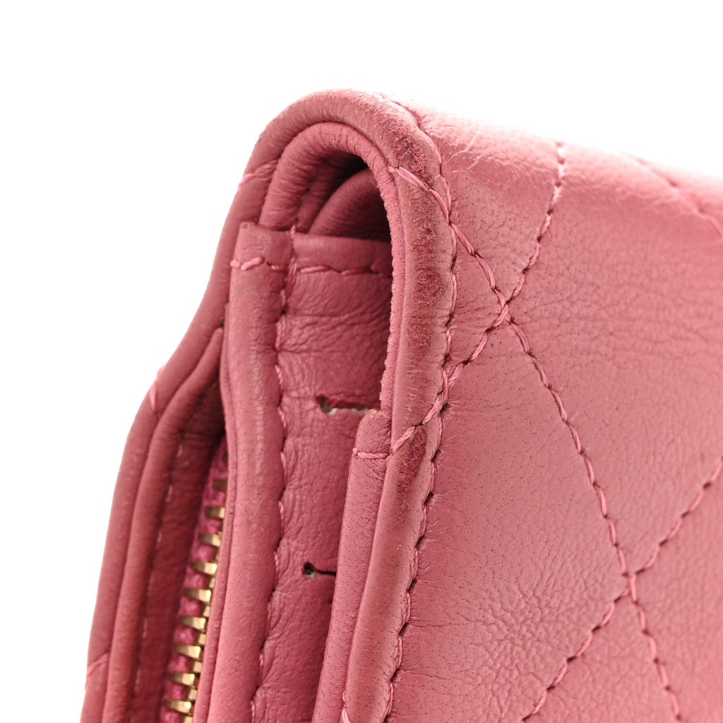 Calfskin Quilted Zip Around Bifold Wallet Pink