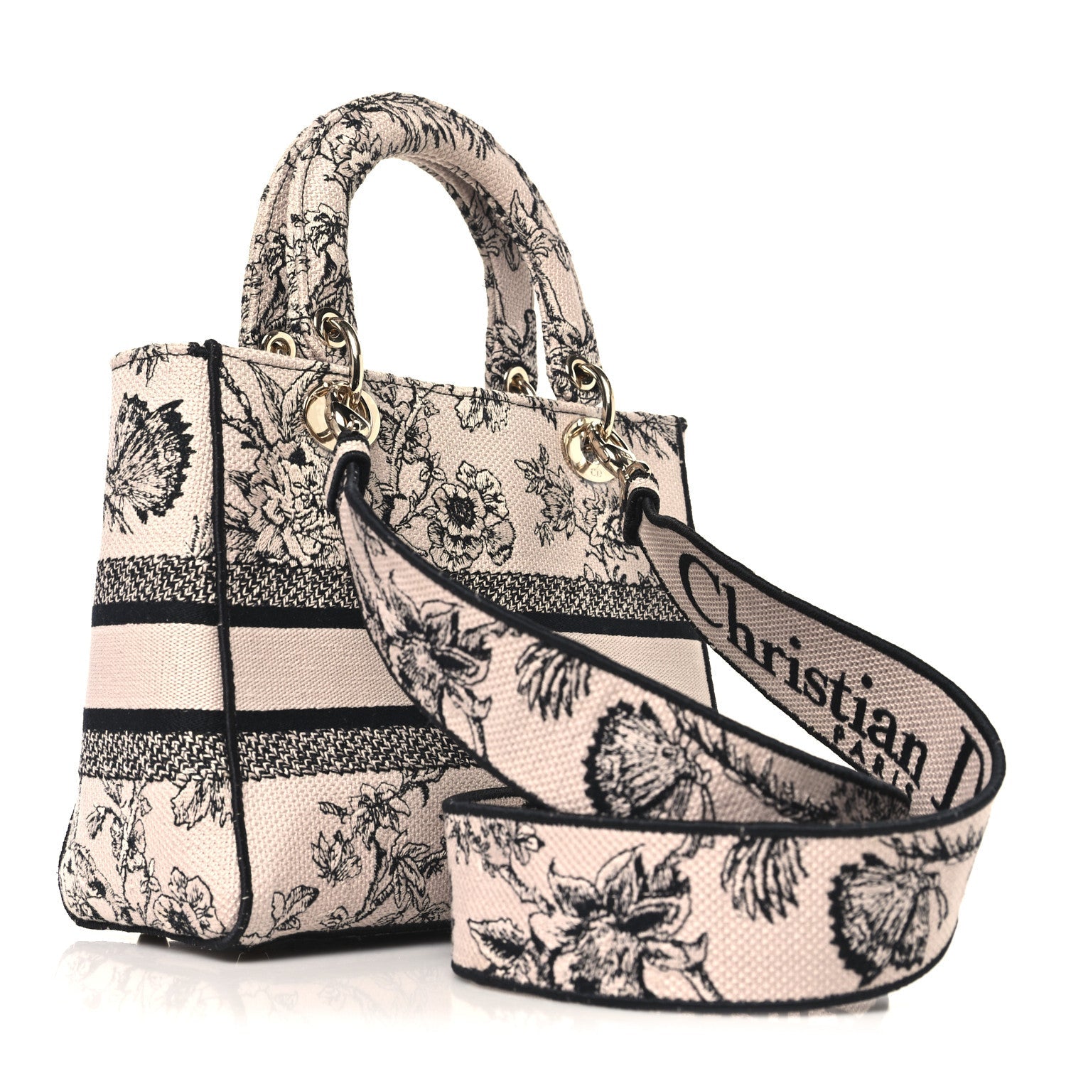 Christian Dior Canvas Embroidered Jardin Botanique Medium Lady D-Lite Light Pink Black