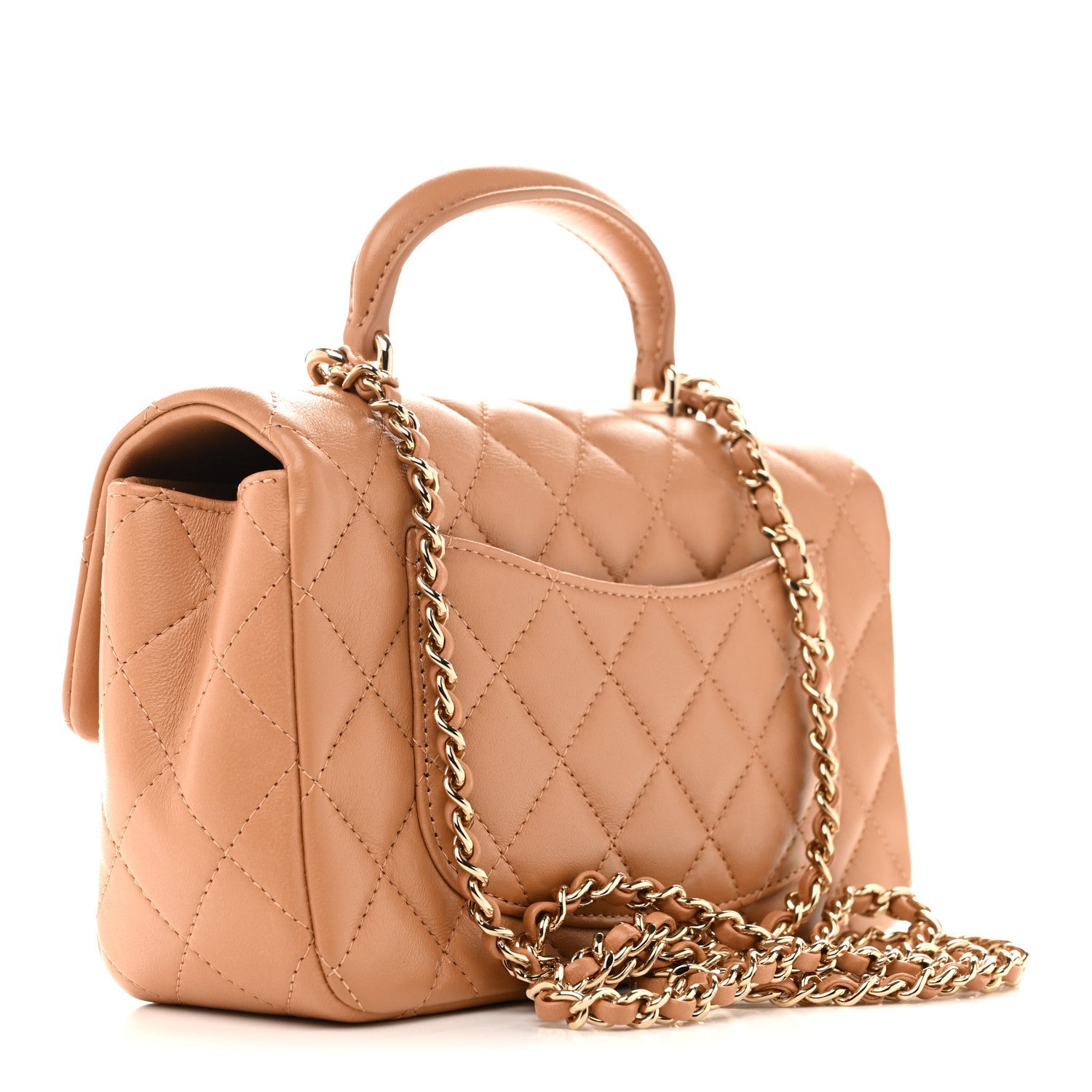 Chanel Lambskin Quilted Mini Top Handle Rectangular Flap Dark Beige