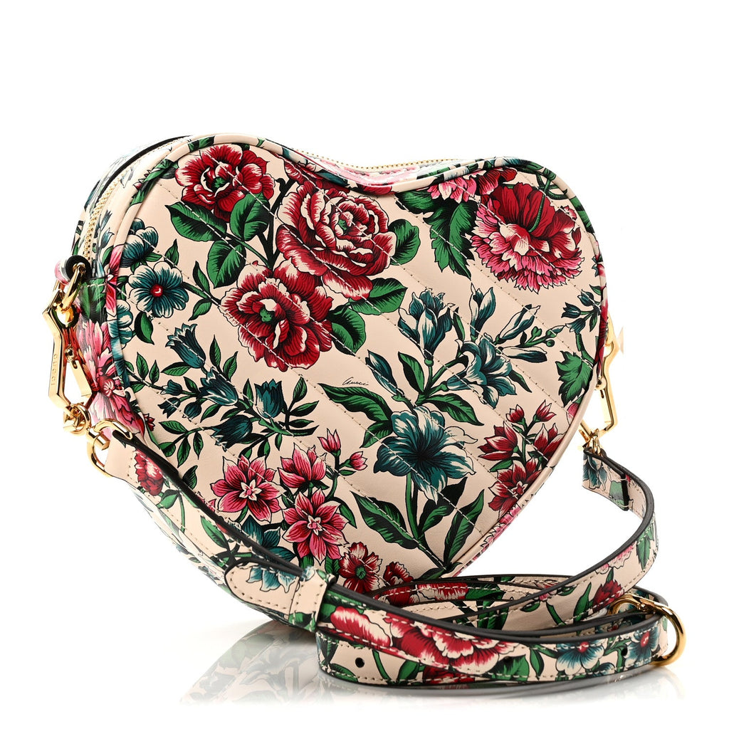 Gucci Calfskin Matelasse Diagonal Brit Roses Print Mini Interlocking G Heart Shoulder Bag  White Multicolor