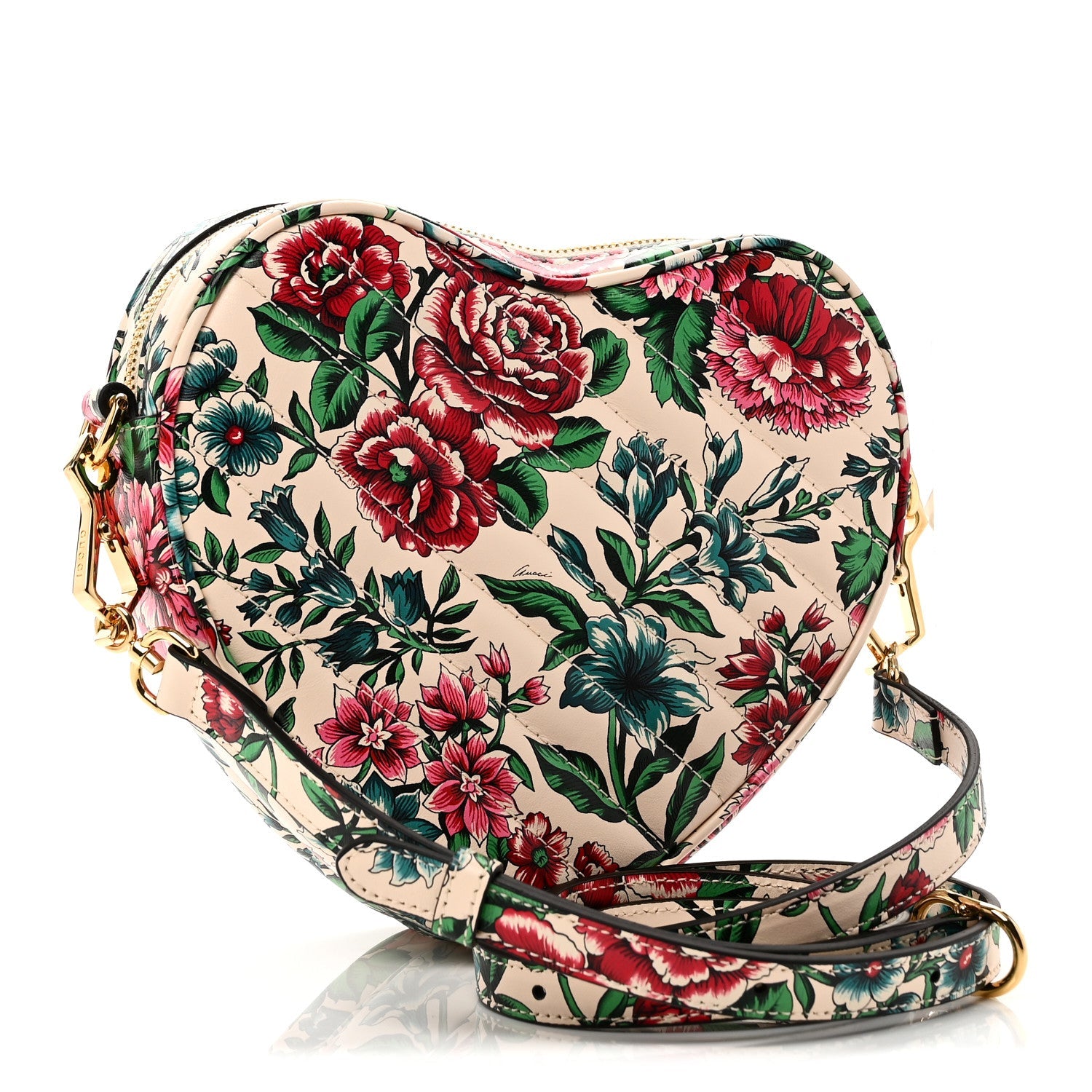 Gucci Calfskin Matelasse Diagonal Brit Roses Print Mini Interlocking G Heart Shoulder Bag  White Multicolor