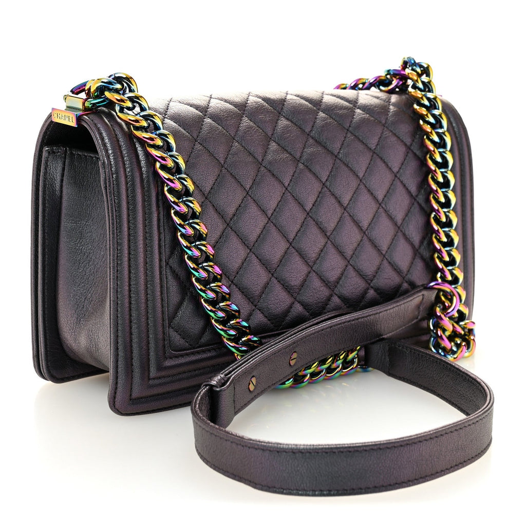 Chanel Iridescent Goatskin Quilted Medium Boy Flap Purple