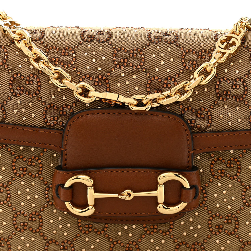 Gucci New Canvas Charisma Calfskin Crystal GG Monogram Mini Horsebit 1955 Shoulder Bag Camel Ebony