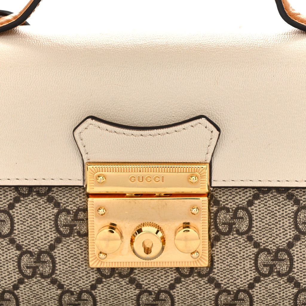 Gucci GG Supreme Monogram New Sakai Calfskin Mini Padlock Top Handle Shoulder Bag Beige Ebony Mystic White Sun Oil