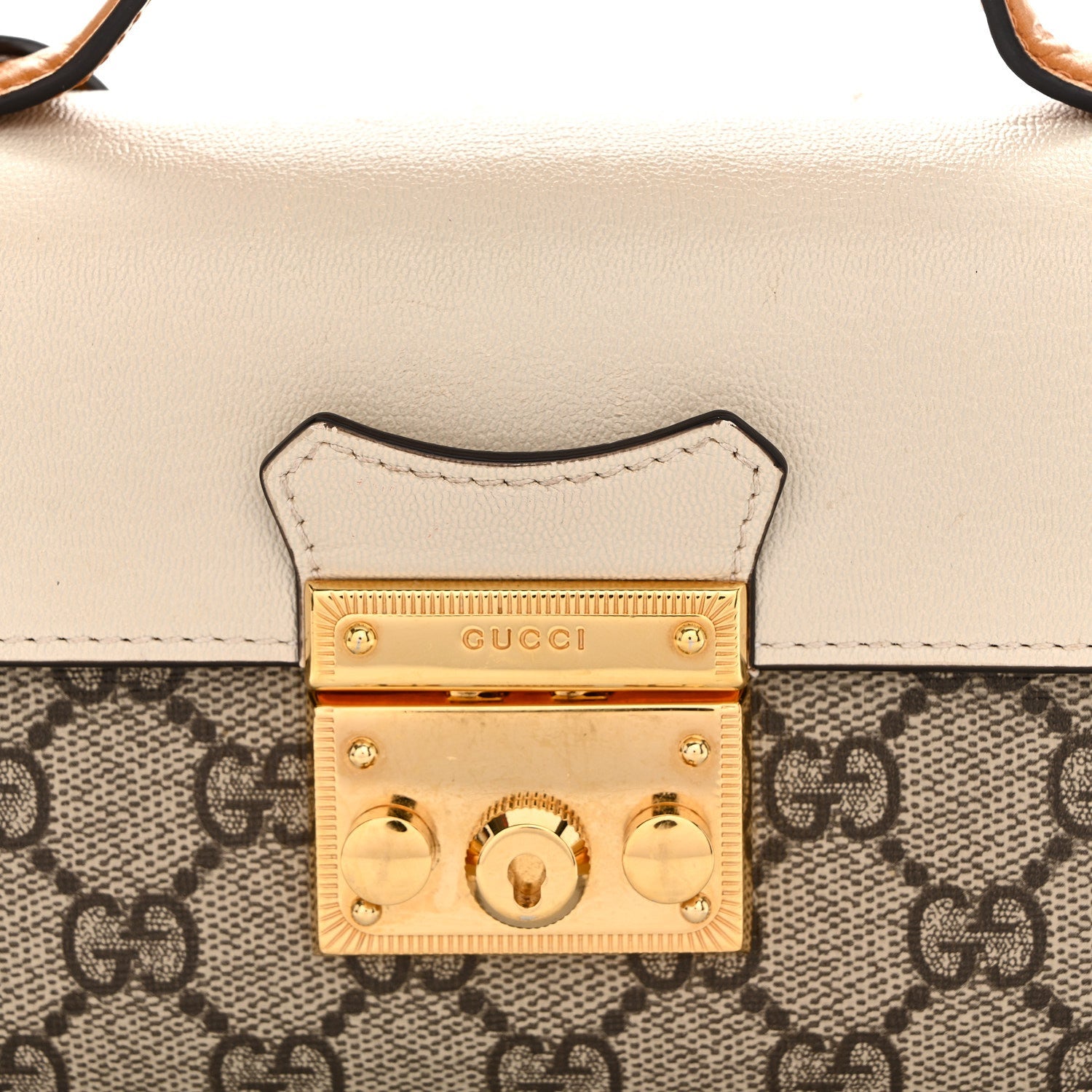 Gucci GG Supreme Monogram New Sakai Calfskin Mini Padlock Top Handle Shoulder Bag Beige Ebony Mystic White Sun Oil