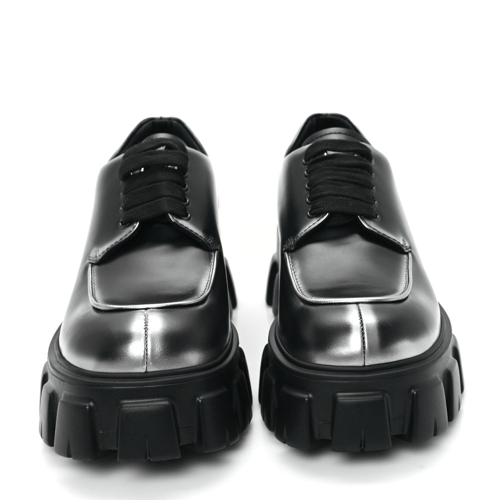 Prada Spazzolato Rois Sfumato Monolith 55mm Derby Loafers 5.5 Black Argento