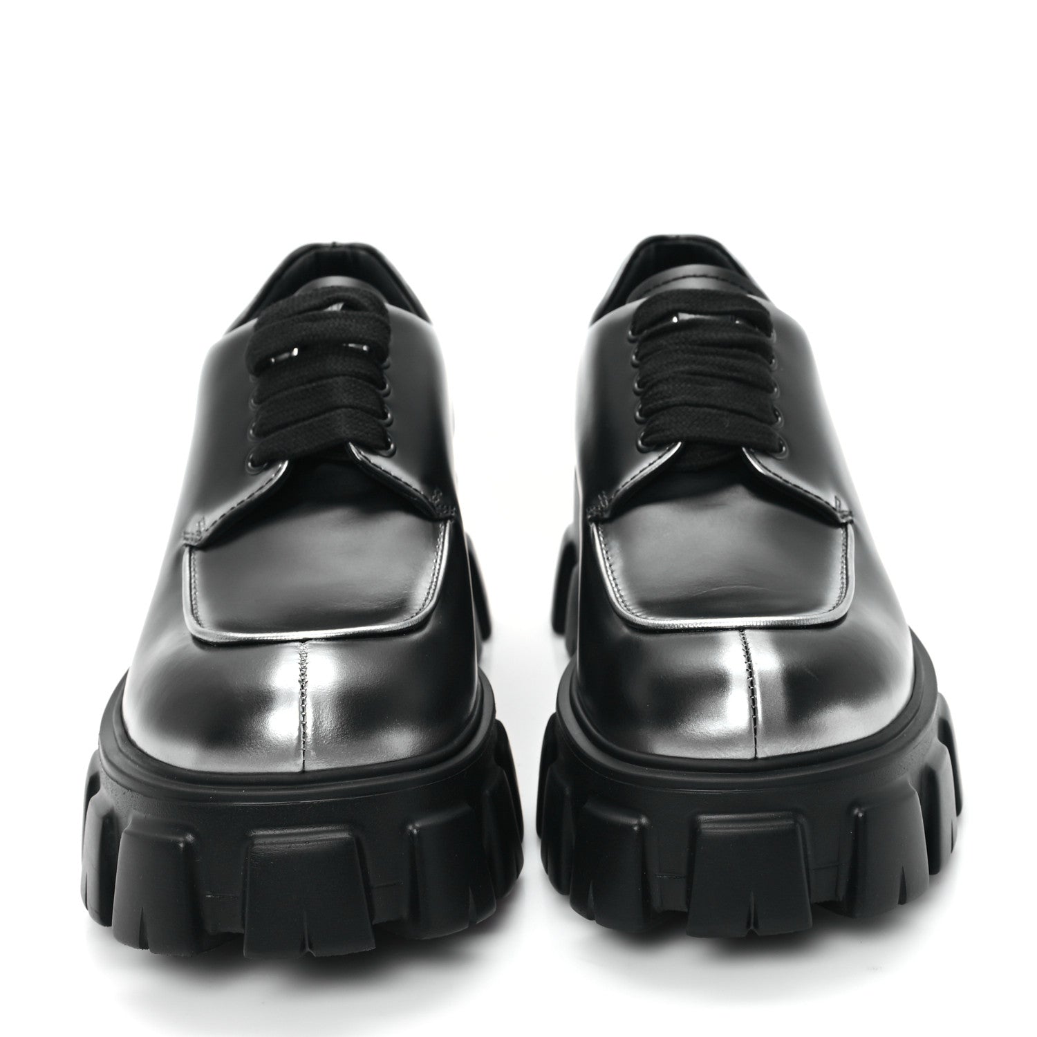 Prada Spazzolato Rois Sfumato Monolith 55mm Derby Loafers 5.5 Black Argento