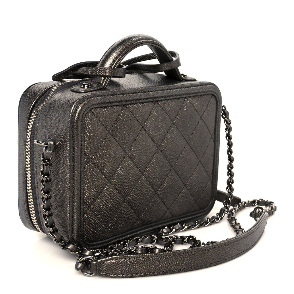 Chanel Metallic Caviar Quilted Small CC Filigree Vanity Case Dark Silver