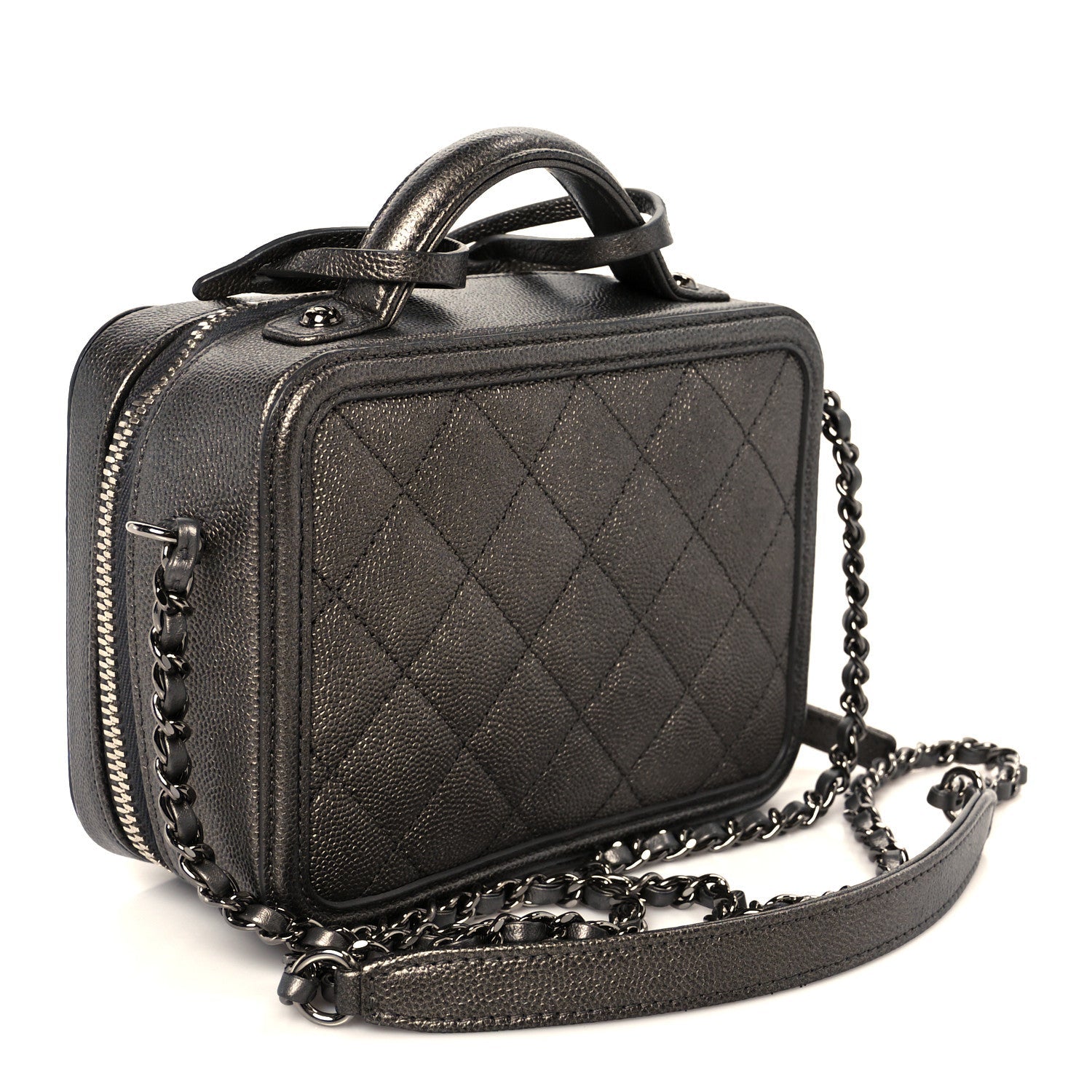 Chanel Metallic Caviar Quilted Small CC Filigree Vanity Case Dark Silver