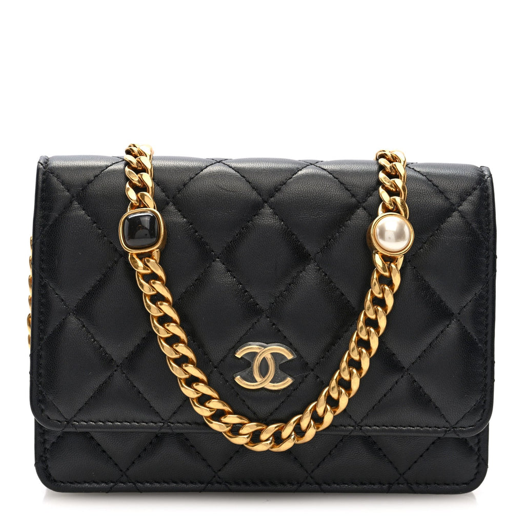 Chanel Lambskin Quilted CC Pearl Enamel Clutch on Chain WOC Black