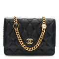 Chanel Lambskin Quilted CC Pearl Enamel Clutch on Chain WOC Black