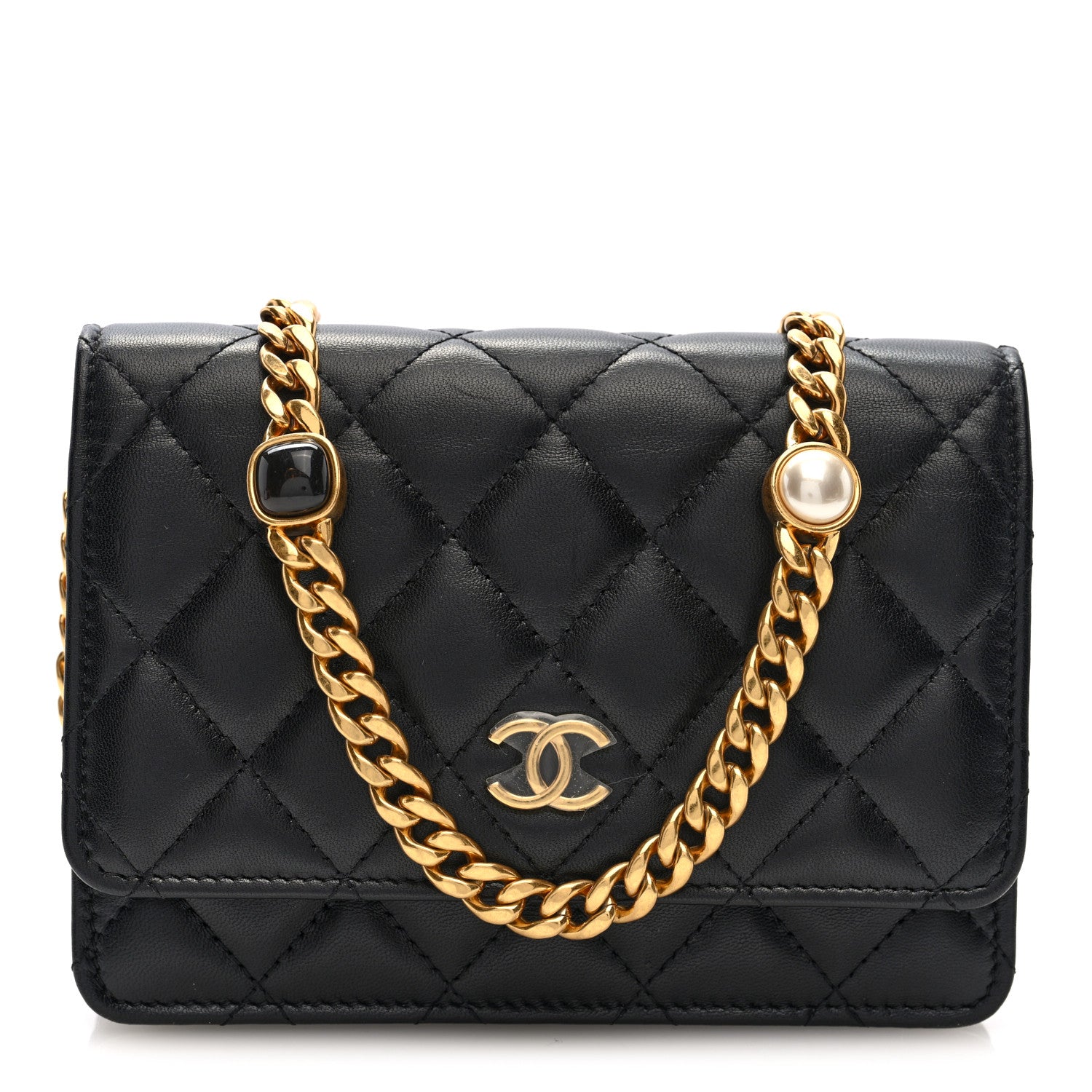 Chanel Lambskin Quilted CC Pearl Enamel Clutch on Chain WOC Black