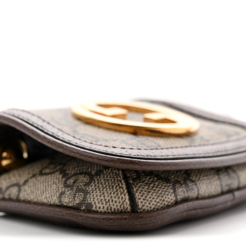 Gucci GG Supreme Monogram Textured Dollar Calfskin Blondie Card Case Wallet with Strap Beige Ebony New Acero