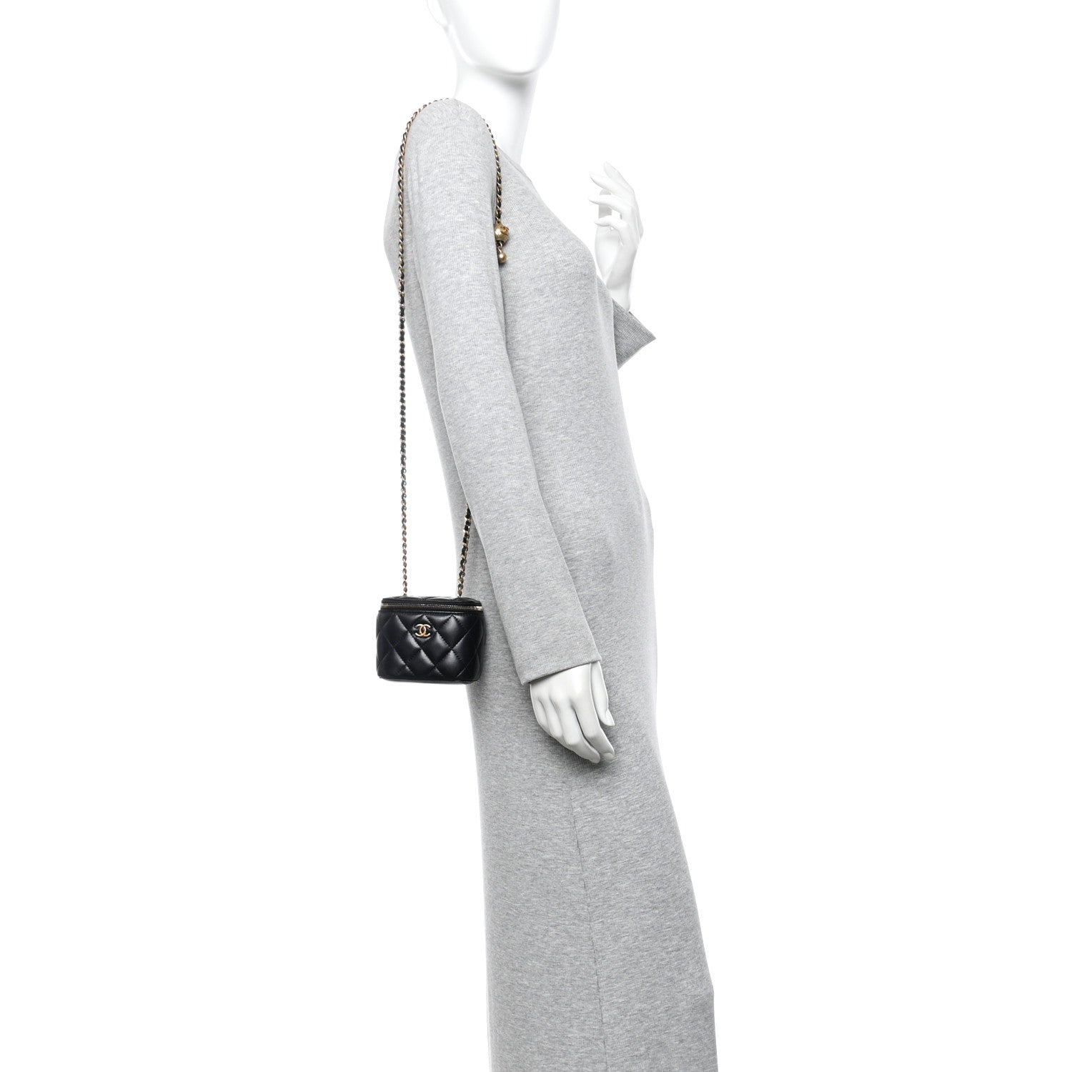 Chanel Lambskin Quilted Mini Pearl Crush Vanity Case With Chain Black