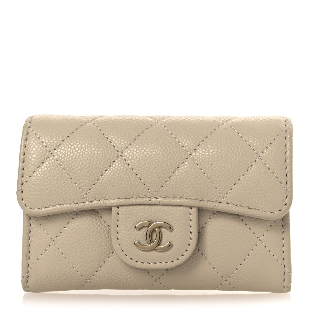 Caviar Quilted Flap Card Holder Wallet Beige