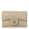 Caviar Quilted Flap Card Holder Wallet Beige