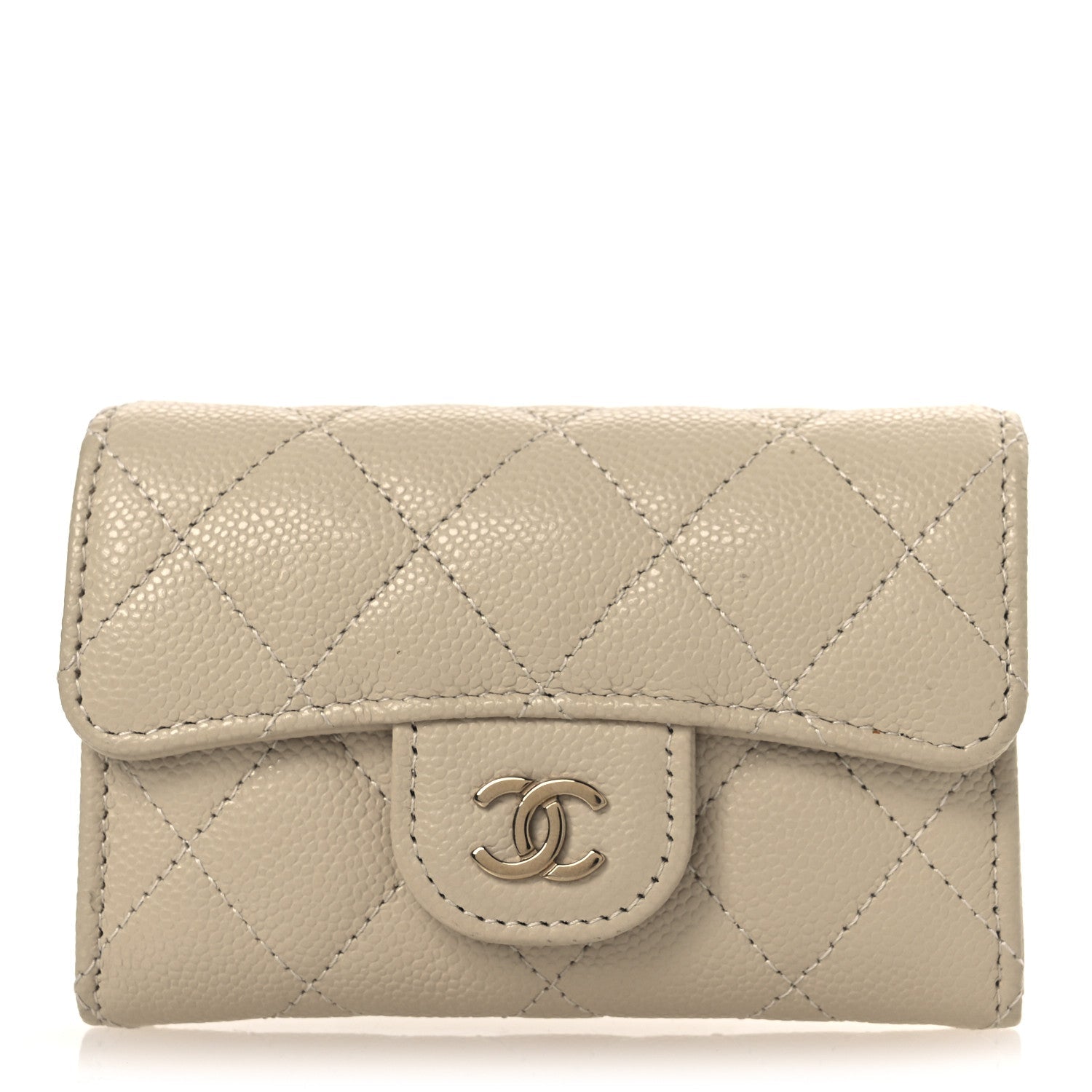 Caviar Quilted Flap Card Holder Wallet Beige