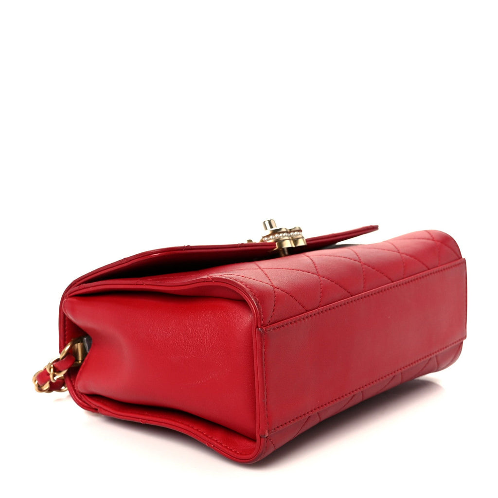 Chanel Lambskin Stitched Pearl Logo Top Handle Flap Red
