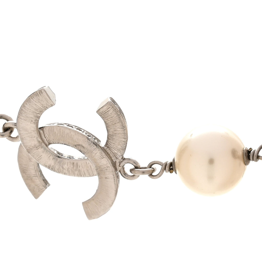 Metal Pearl Crystal Bead CC Long Necklace Black Silver