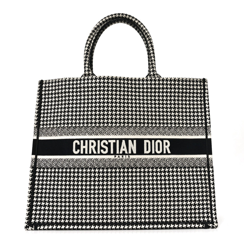 Christian Dior Canvas Houndstooth Embroidered Book Tote Black White