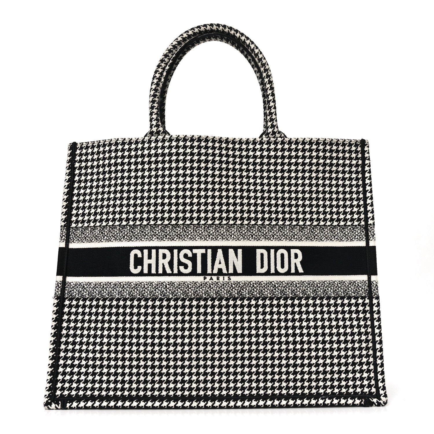 Christian Dior Canvas Houndstooth Embroidered Book Tote Black White