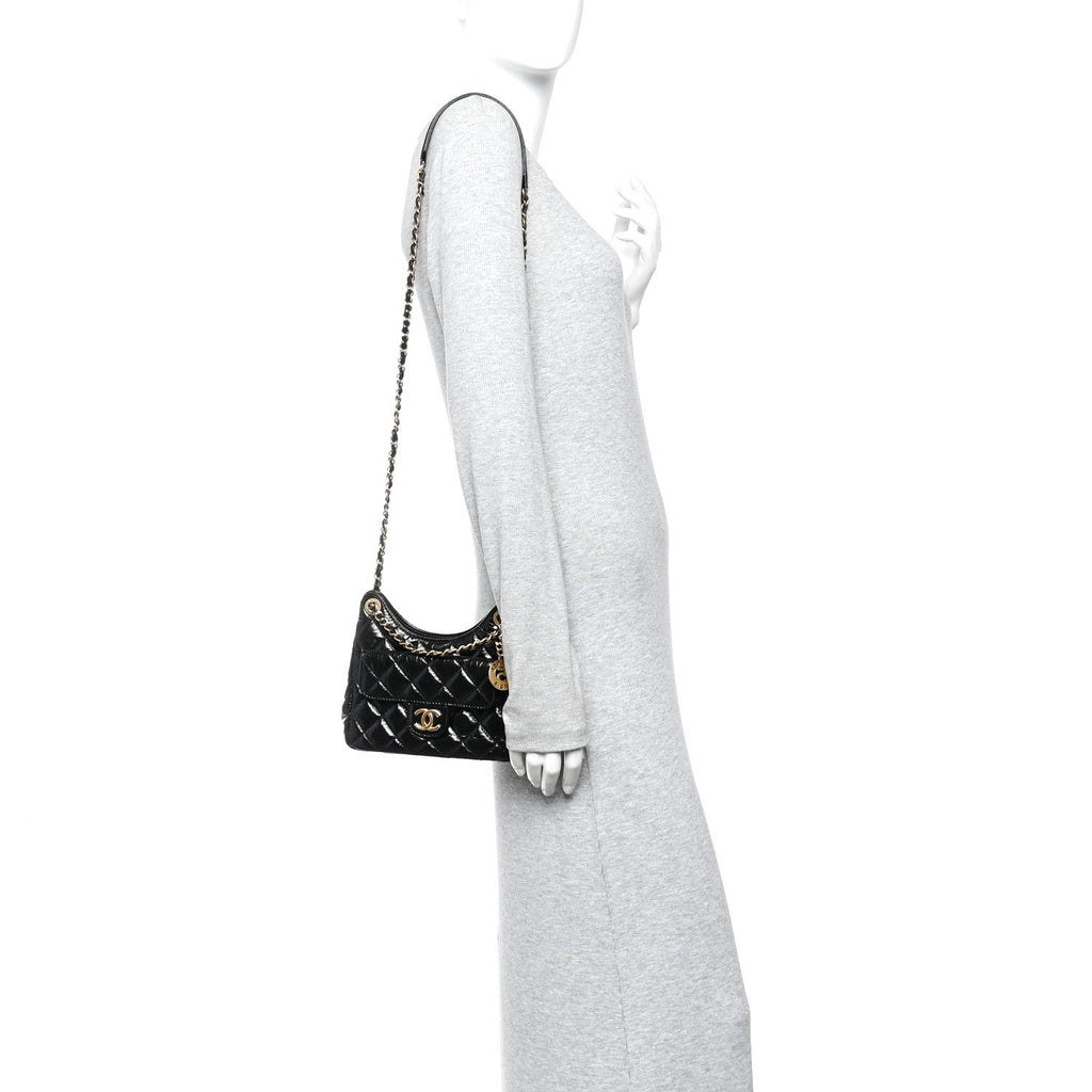 Chanel Shiny Crumpled Calfskin Quilted Small Wavy CC Hobo Black