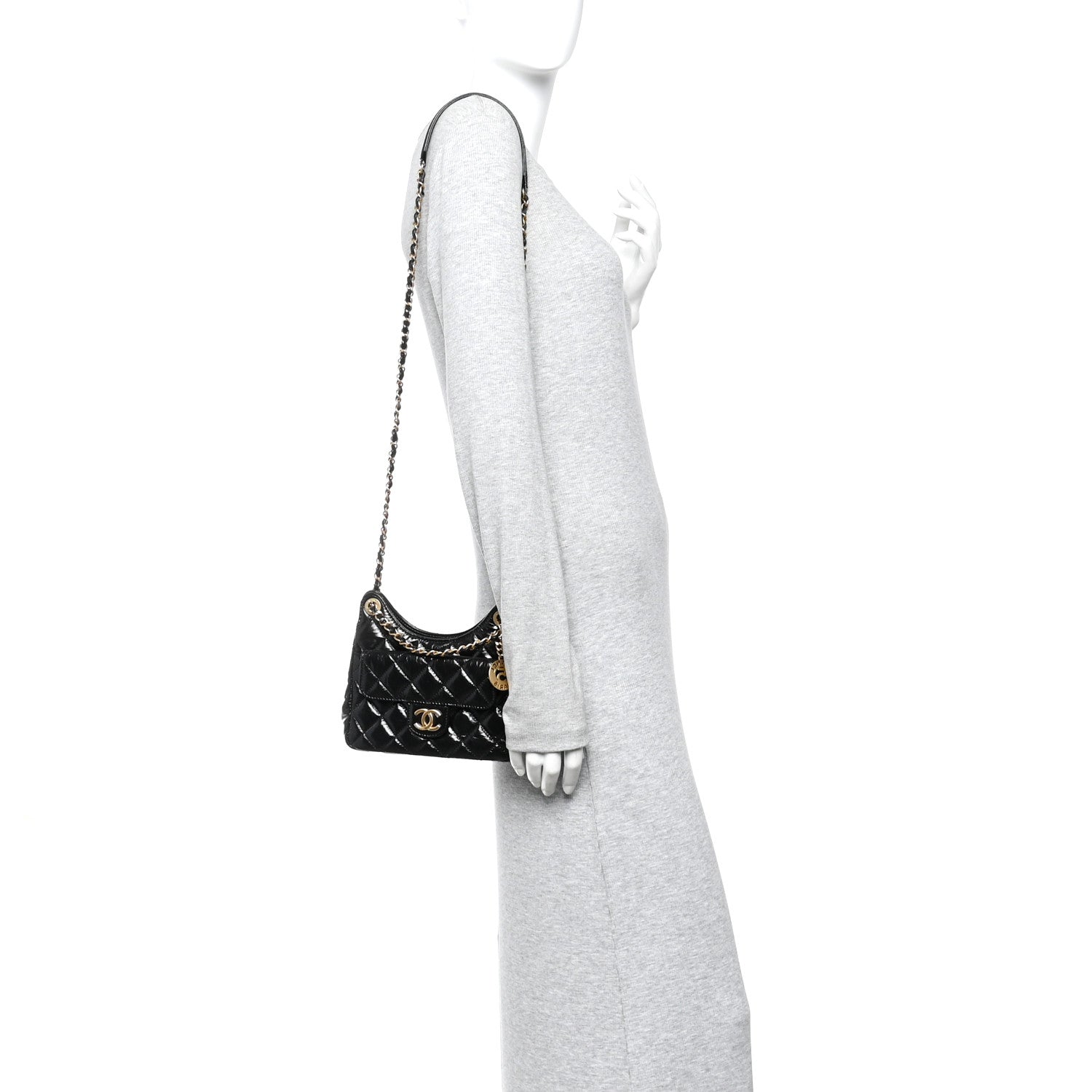 Chanel Shiny Crumpled Calfskin Quilted Small Wavy CC Hobo Black