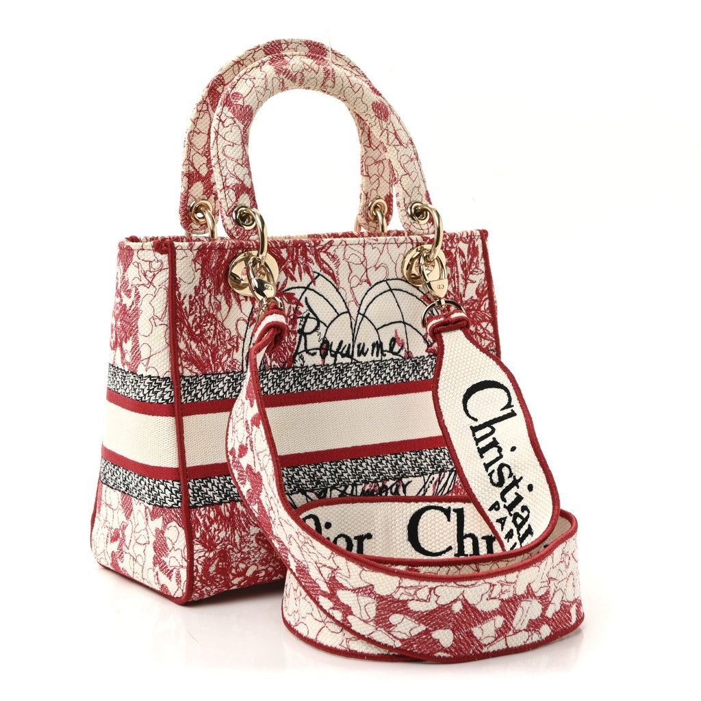 Christian Dior Canvas Embroidered Medium Dioramour D-Royaume Lady D-Lite Red Multicolor