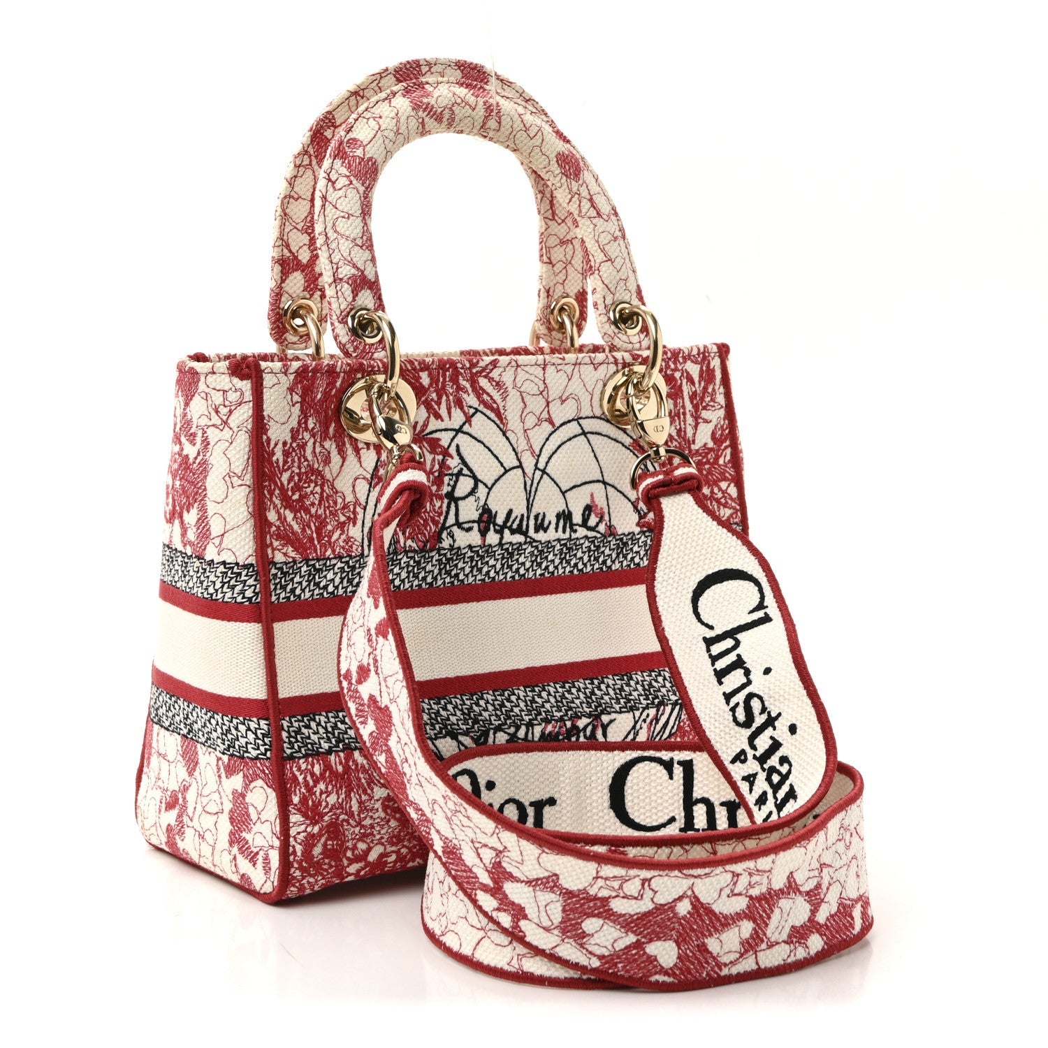Christian Dior Canvas Embroidered Medium Dioramour D-Royaume Lady D-Lite Red Multicolor