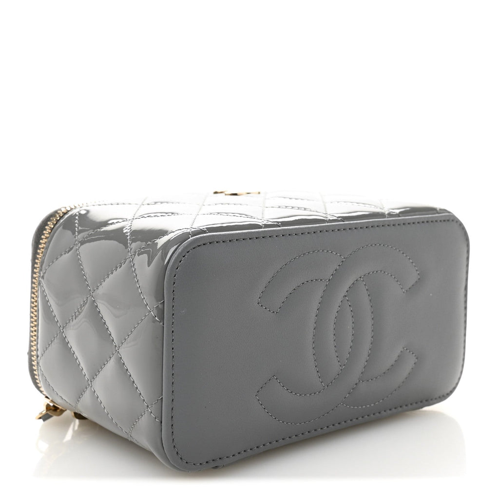 Chanel Patent Quilted Quilted Small Top Handle Vanity Case With Chain Grey