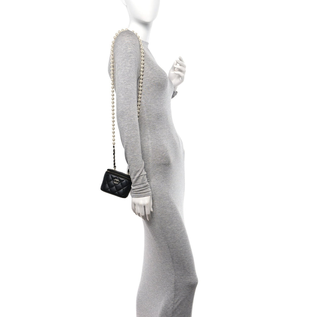 Chanel Lambskin Quilted Mini Vanity Case With Pearl Chain Black