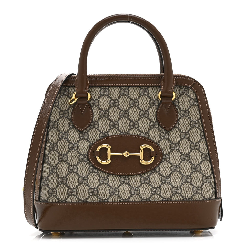 Gucci GG Supreme Monogram Azalea Calfskin Small Horsebit 1955 Top Handle Bag Beige Ebony Brown Sugar