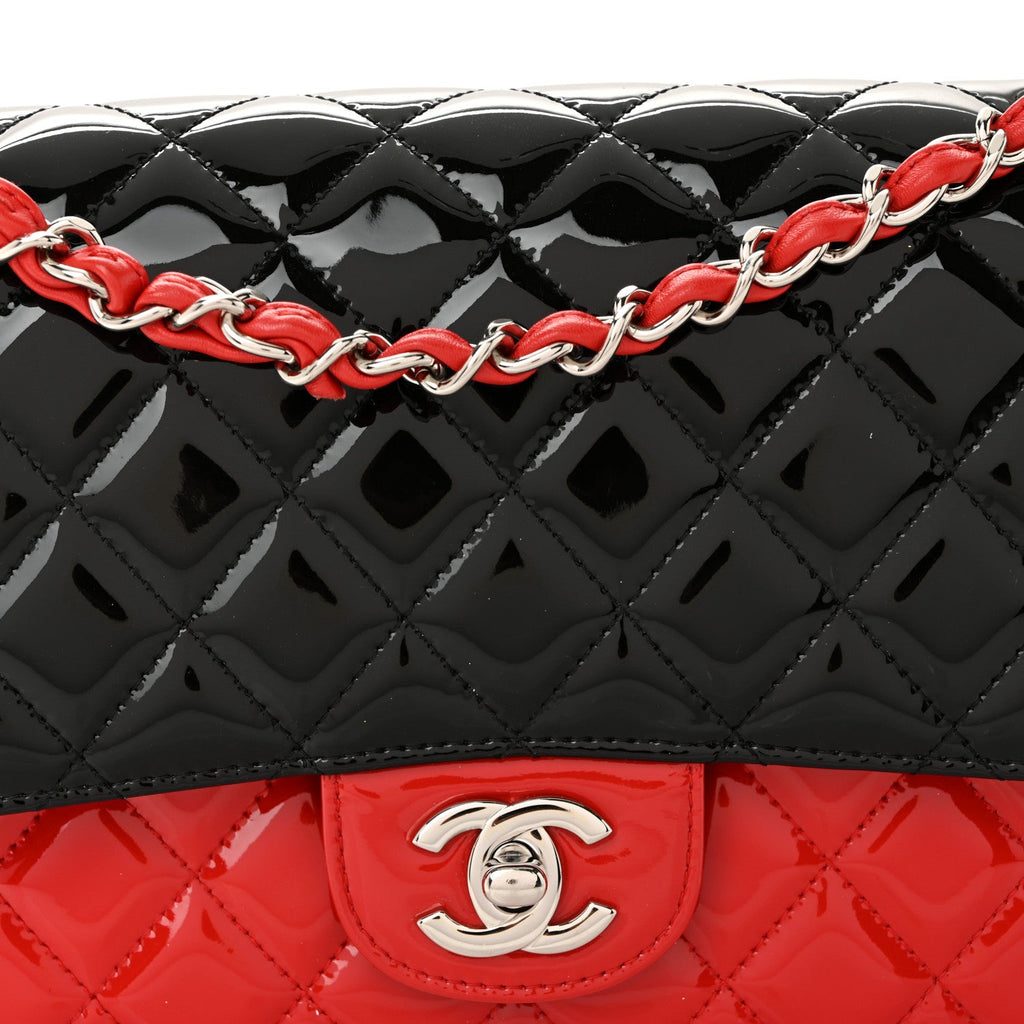 Chanel Patent Calfskin Quilted Bi-Color Medium Double Flap Black Red
