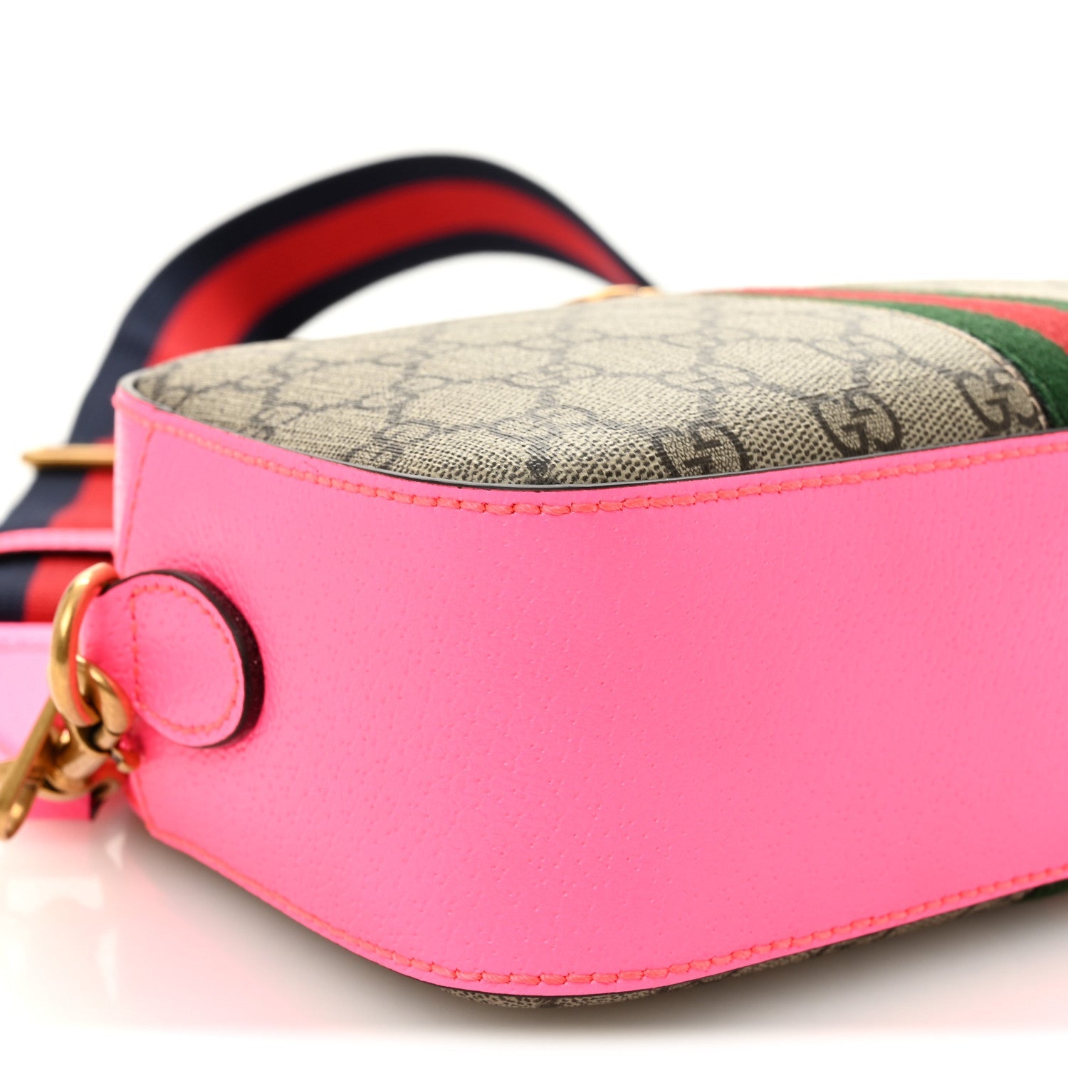 Gucci GG Supreme Monogram Textured Dollar Calfskin Web Ophidia Small Crossbody Bag Beige Ebony Fuchsia