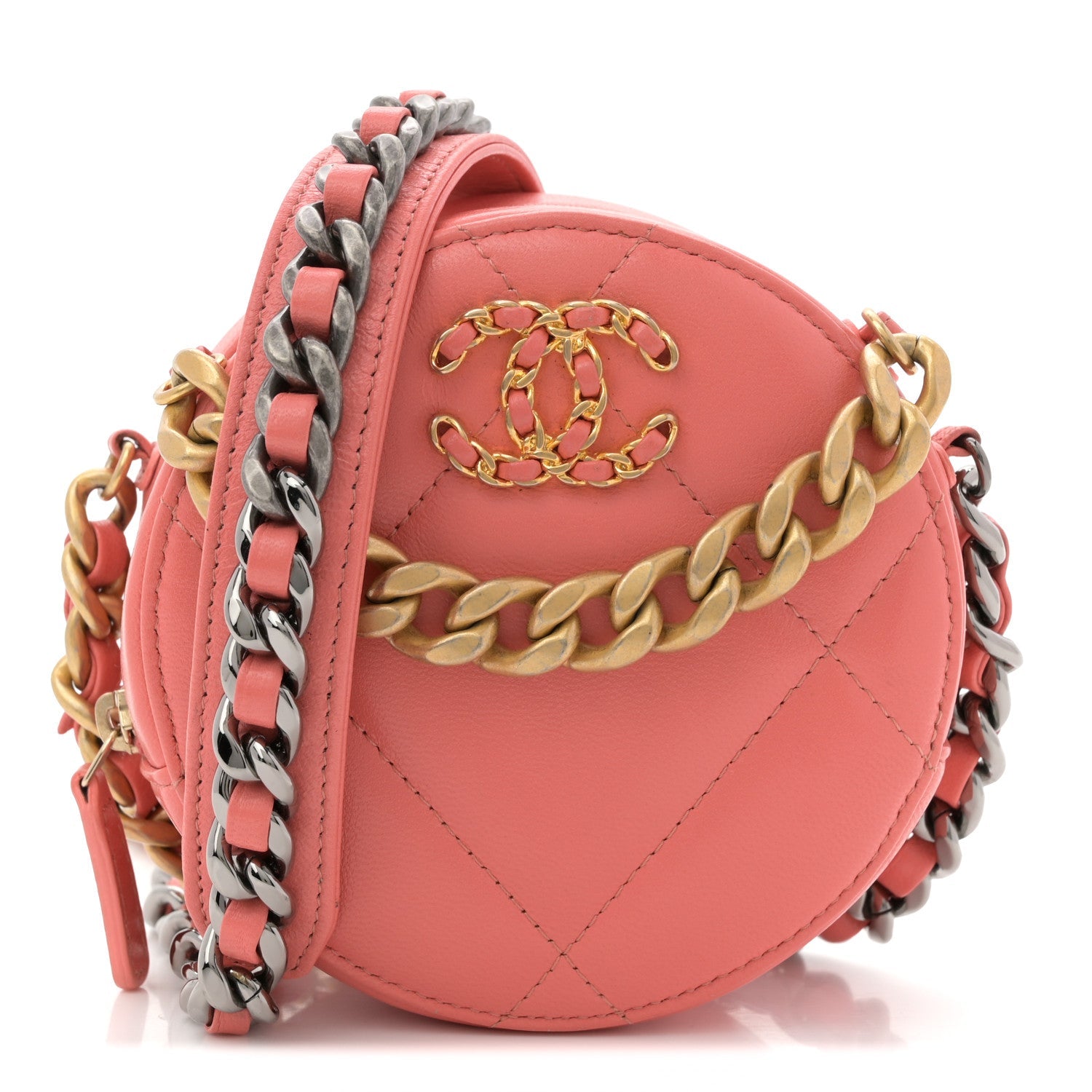 Chanel Lambskin Quilted Chanel 19 Round Clutch With Chain Pink