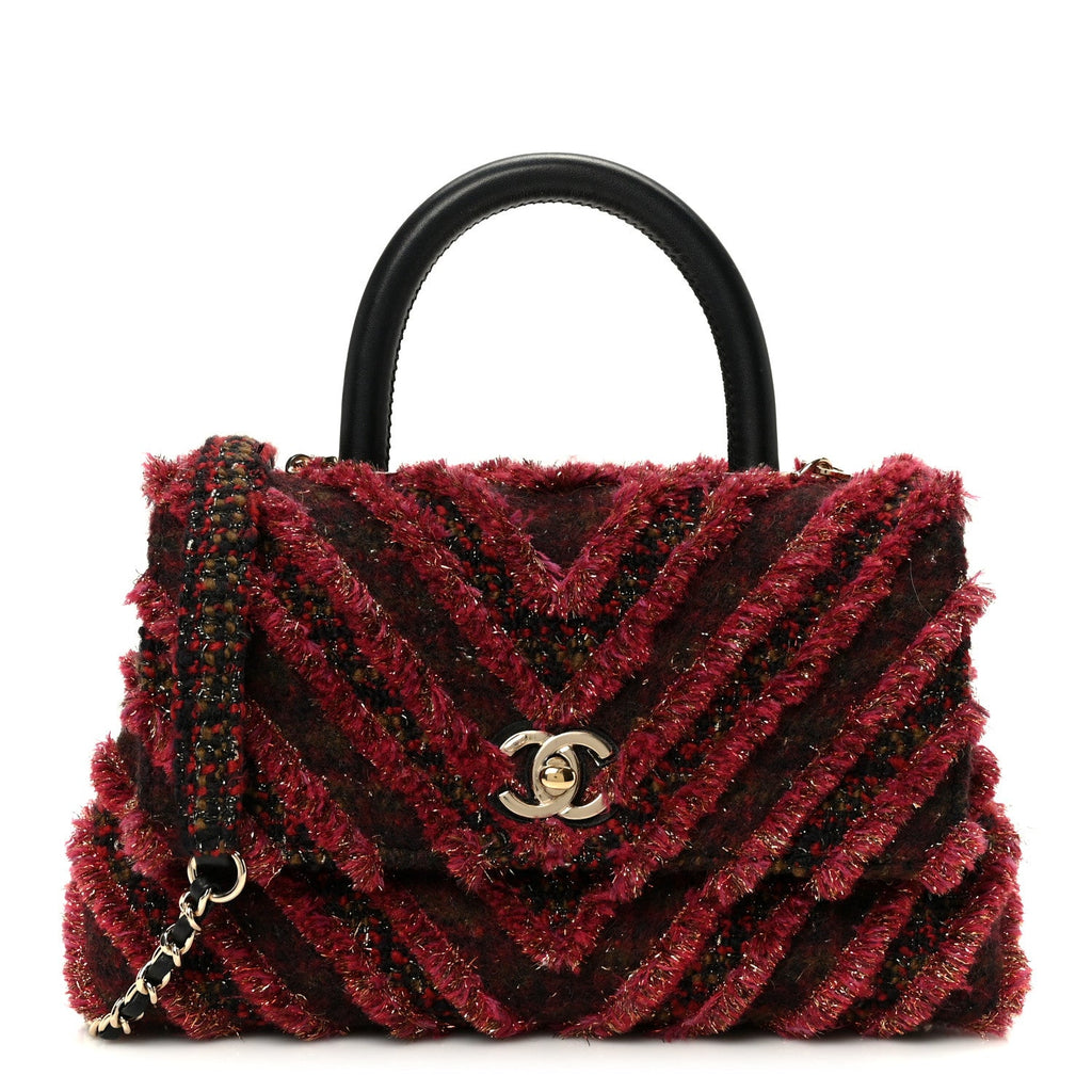 Chanel Tweed Fringe Mini Coco Handle Flap Red Black