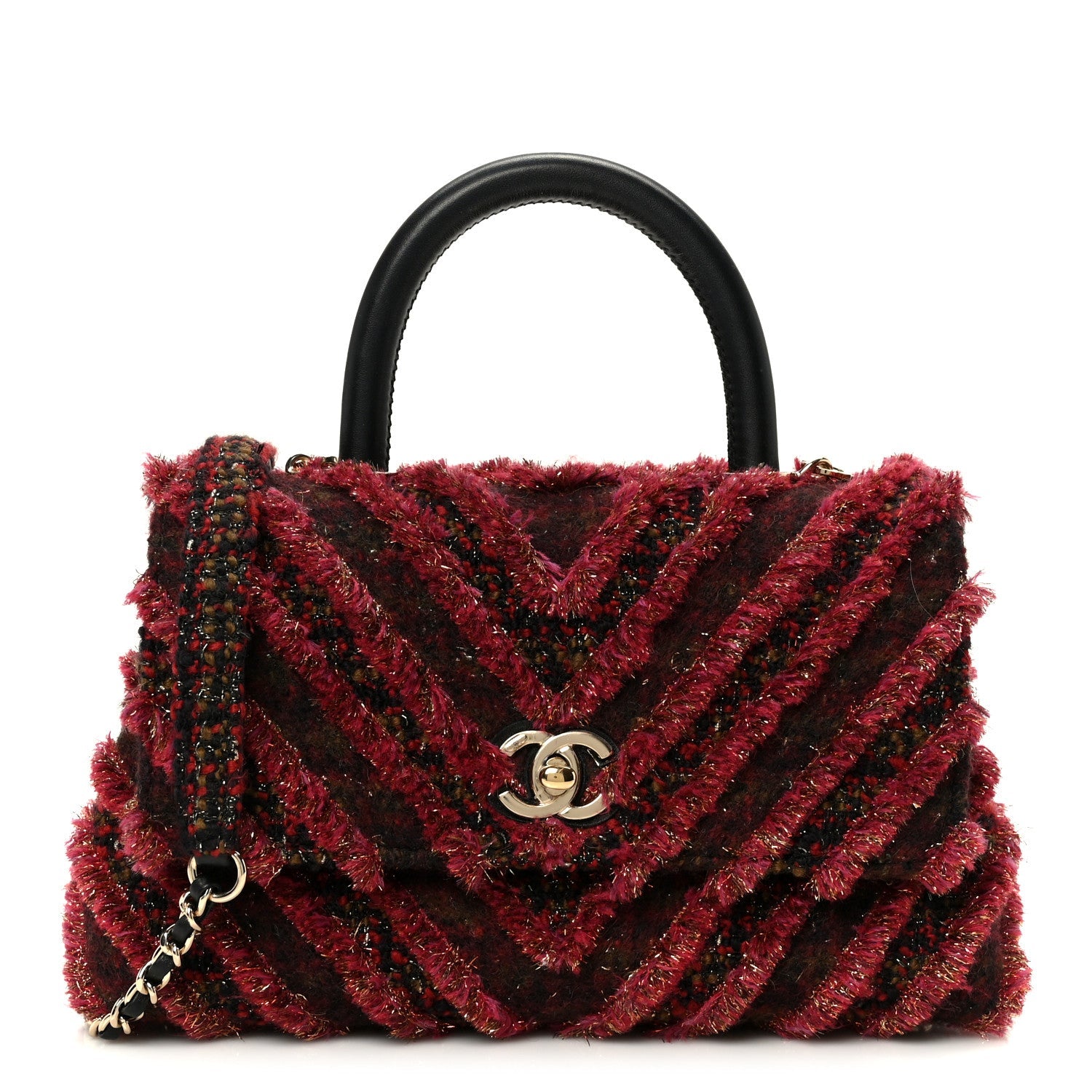 Chanel Tweed Fringe Mini Coco Handle Flap Red Black