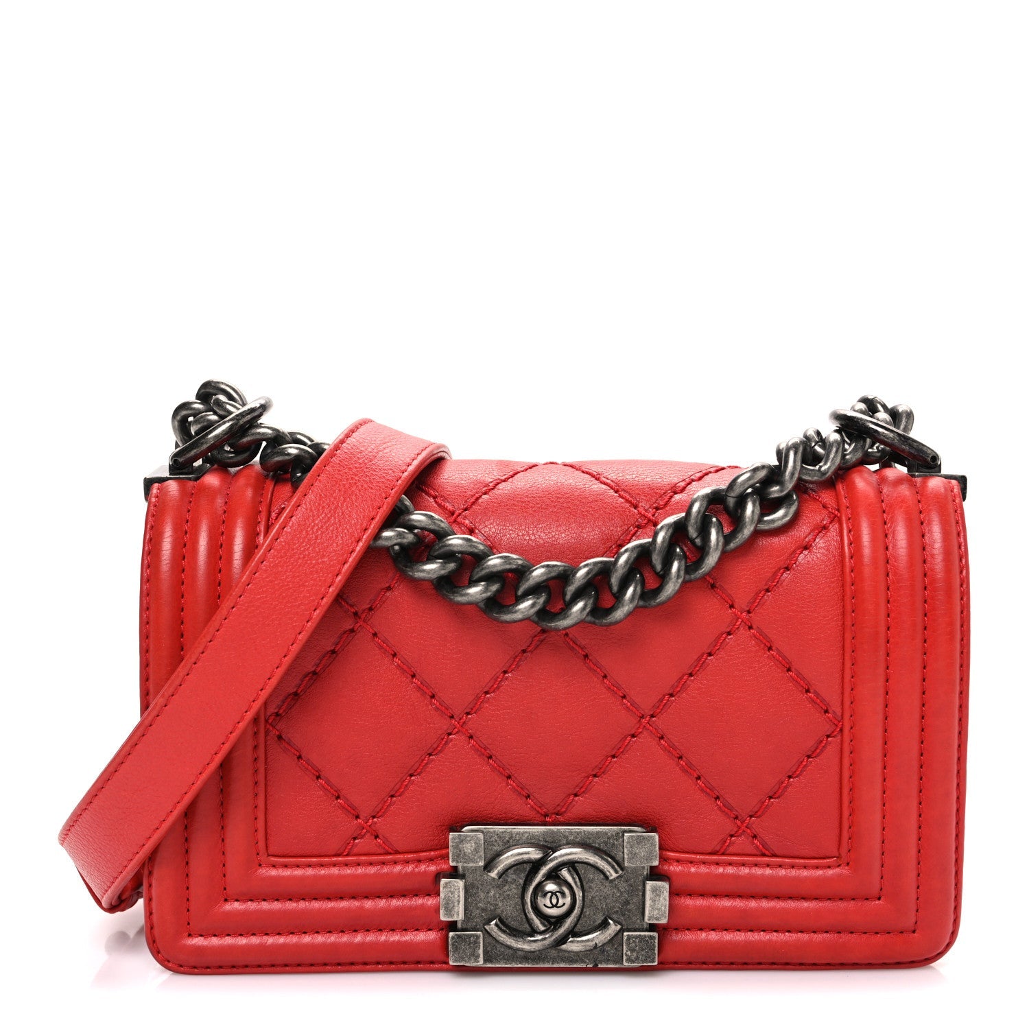 Chanel Calfskin Double Stitch Small Boy Flap Red