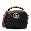 Gucci Vintage Effect Calfskin Matelasse Diagonal Small Torchon GG Marmont Bamboo Top Handle Shoulder Bag Black Romantic Cherry