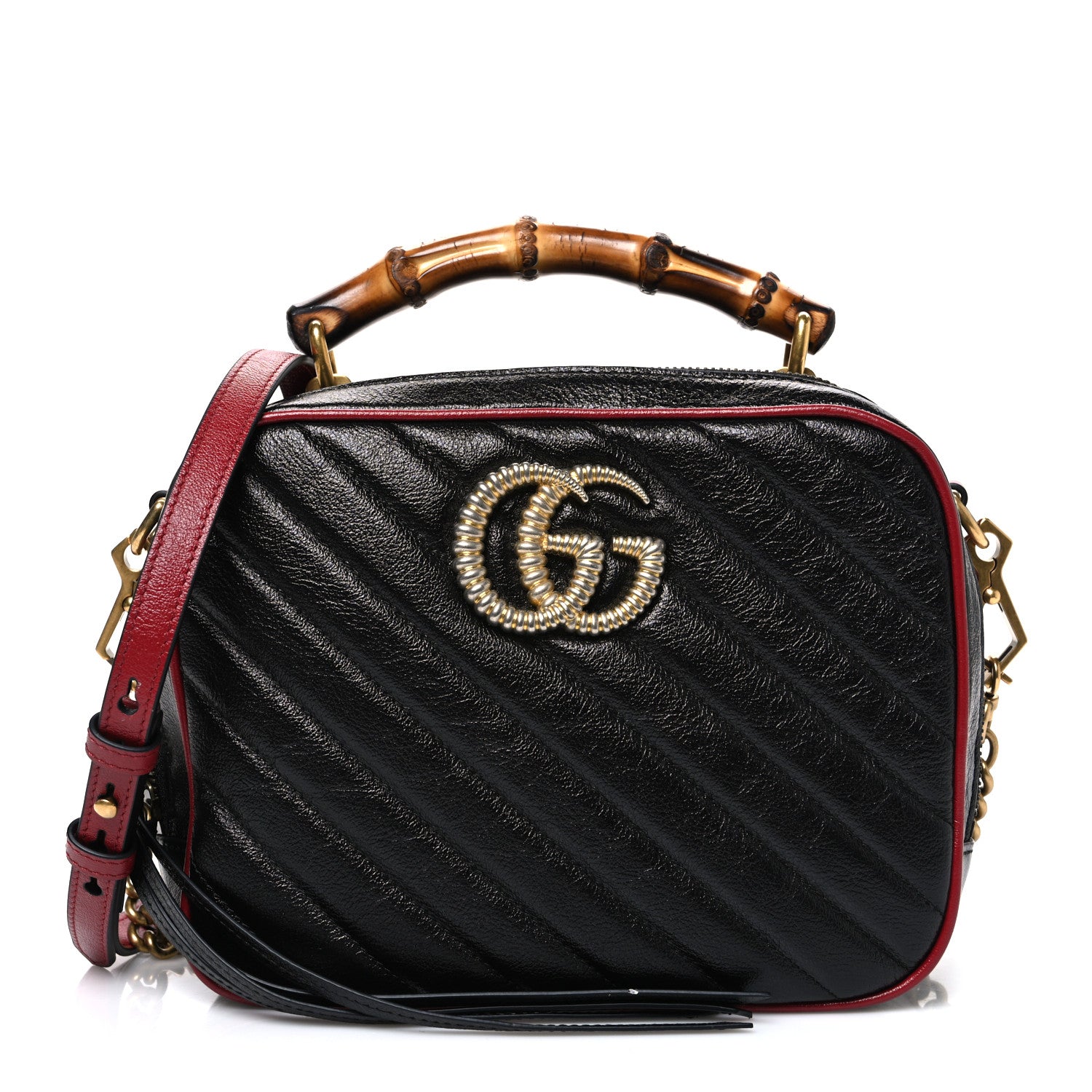 Gucci Vintage Effect Calfskin Matelasse Diagonal Small Torchon GG Marmont Bamboo Top Handle Shoulder Bag Black Romantic Cherry