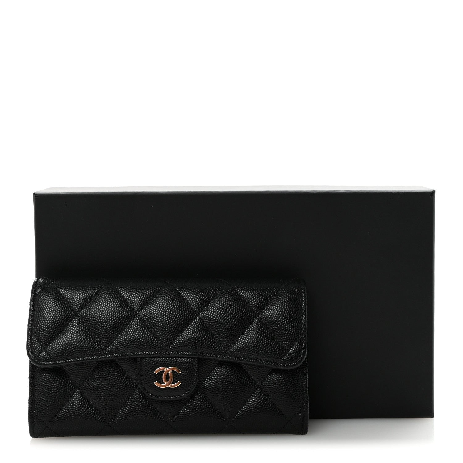 Caviar Quilted Medium Gusset Flap Wallet Black