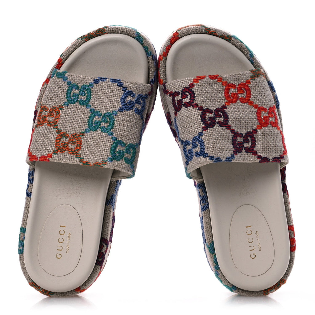 Gucci Linen Psychedelic Mini GG Monogram Angelina Platform 55mm Slide Sandals 36 Multicolor