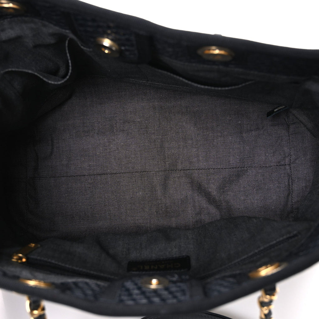 Chanel Straw Raffia Calfskin Chain Small Deauville Tote Black