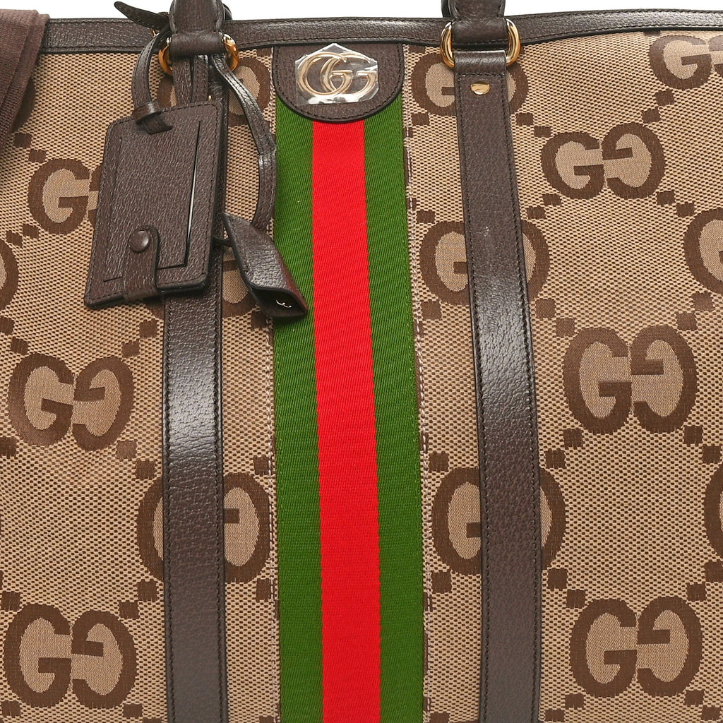 Gucci Monogram Jumbo GG Textured Dollar Calfskin Web Large Duffle Bag Camel Ebony