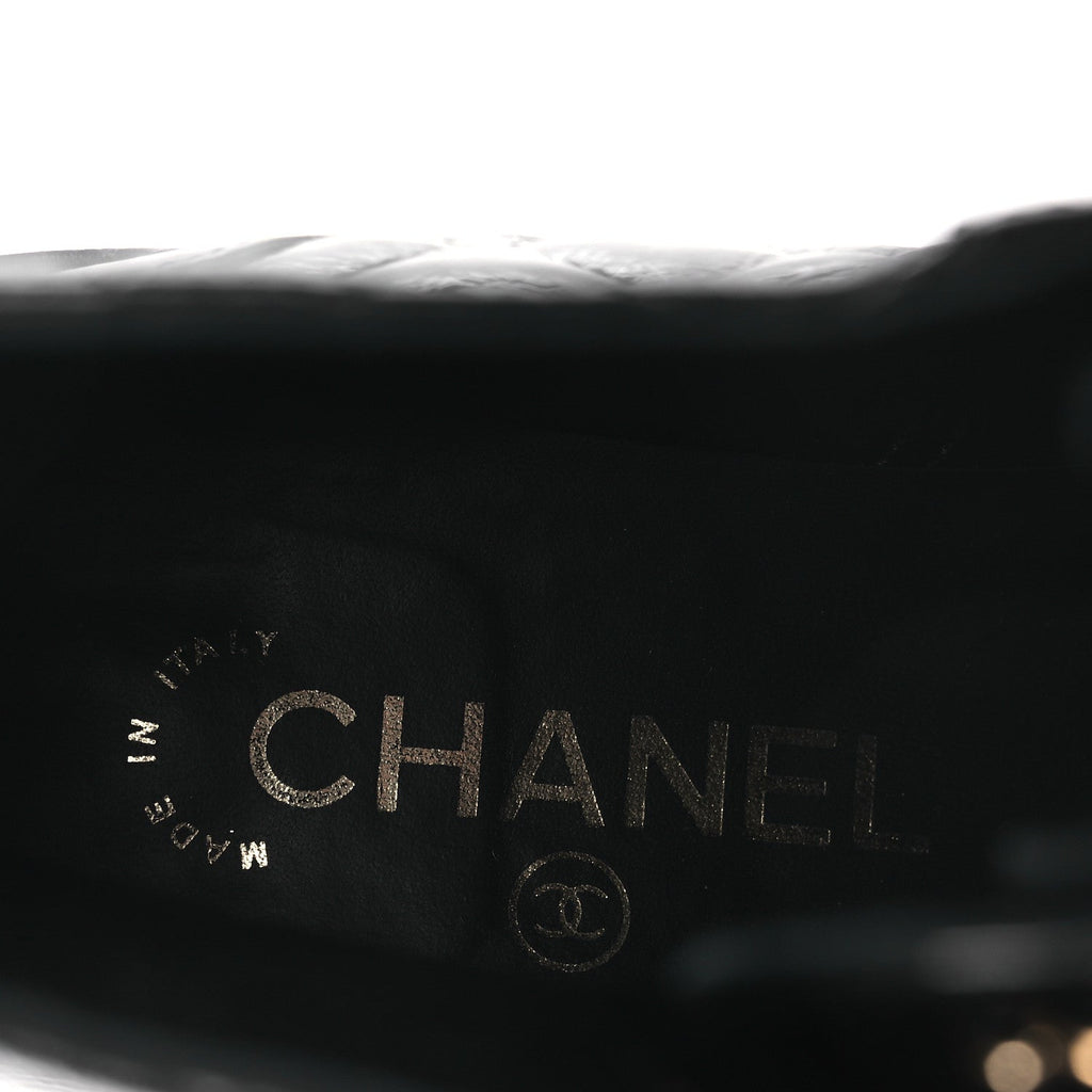 Chanel Shiny Calfskin Quilted Lace Up Combat Boots 37 Black
