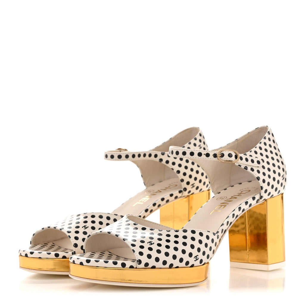 Printed Calfskin Polka Dot CC Platform Sandals 37 Ivory Black