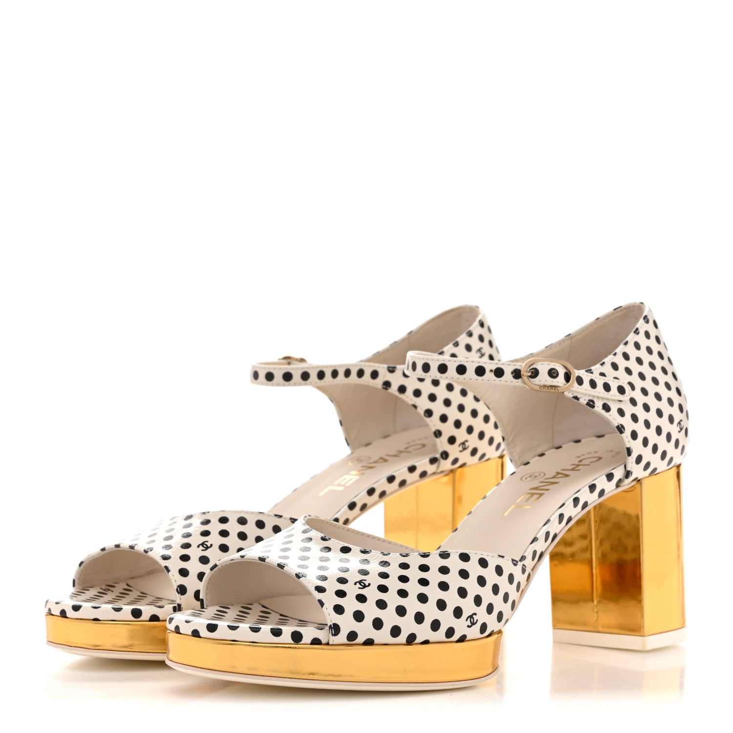 Printed Calfskin Polka Dot CC Platform Sandals 37 Ivory Black