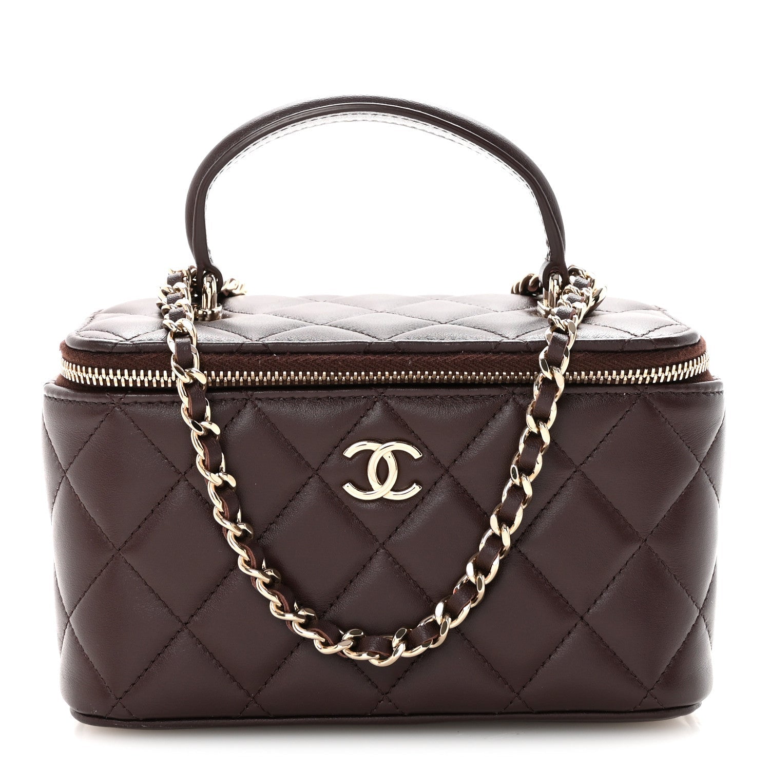 Chanel Lambskin Quilted Small Top Handle Vanity Case With Chain Dark Brown